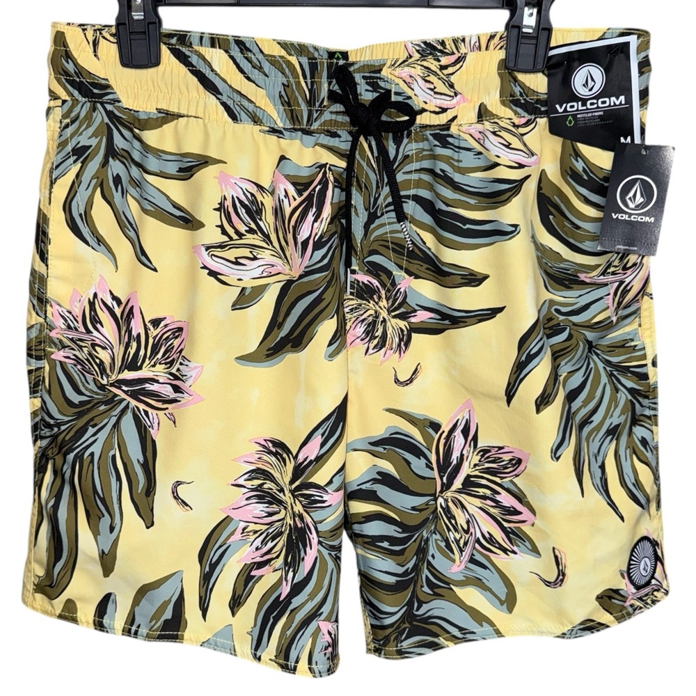 Volcom Men's Medium Surf Board Shorts Swim Trunks Dawn Yellow Elastic Waist‎ NWT